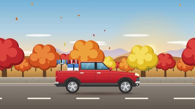 Animated Autumn Forest Road Trip with Red Pickup Truck Driving on Scenic Highway