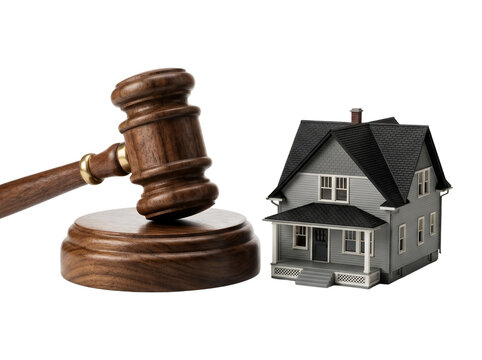 Wooden gavel and miniature model house for property auction and legal dispute.