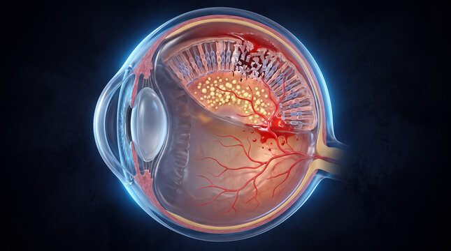 Detailed 3D medical illustration of human eye cross section showing macular degeneration and drusen, 3D render