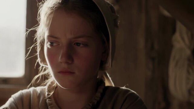 Girl sits beside bright window and shifts her gaze in rustic wooden interior, wearing beige bonnet and buttoned dress as close portrait framing emphasizes her serious expression