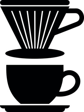 Minimalist pour over coffee maker dripper cone and cup vector silhouette icon for cafe menu website design