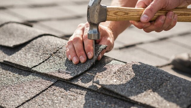 Close-up of hands using a hammer to nail a grey asphalt shingle onto a rooftop during house construction or repair.