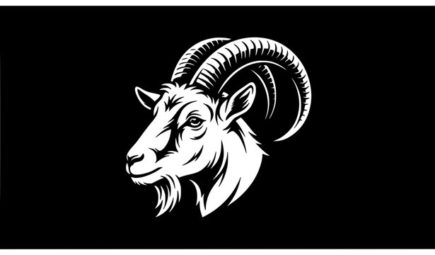 White goat head profile with large horns on dark background wildlife illustration