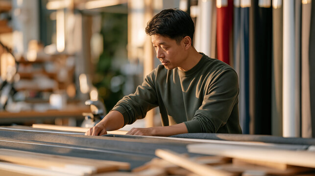 An upholstery workshop owner prepares fabric rolls and wooden offcuts at golden hour the night before a major delivery, arranging materials along a cluttered workbench in an
