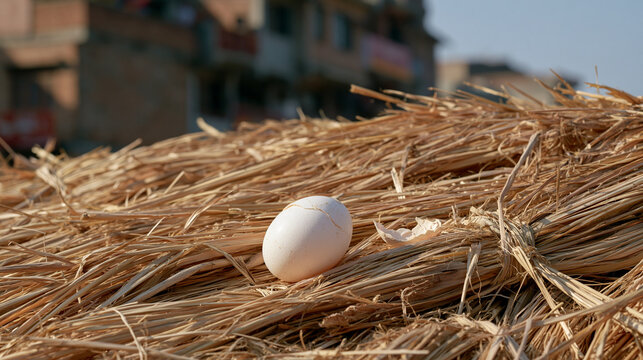 A freshly thatched roof section rests in a busy urban backdrop as a craftsman finally relaxes after completing a long session, a single cracked egg shell sitting in a small