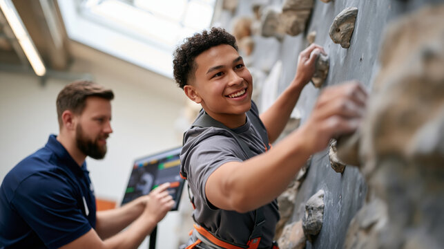 A teen boy reaching for a grip hold on an indoor climbing wall while a coach reviews performance data on a mounted screen beside the route, urban rooftop visible through a