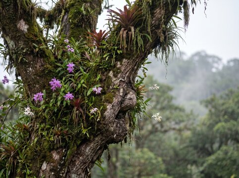Ancient tree trunk covered in wild orchids and moss in cloud forest