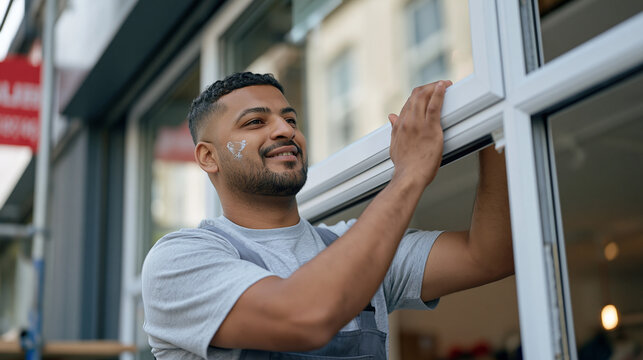 A window fitter celebrates quietly in early morning mist outside a completed shopfront, a smudge of silicone sealant on one cheek as a close up of hands pressing the final pane