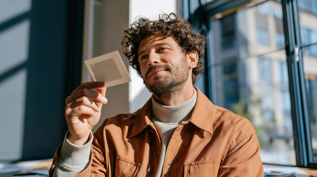 A usability tester holds a small paper scrap prototype up to a storefront window in golden afternoon light, a sample tag under close fingertip inspection, the aftermath of a