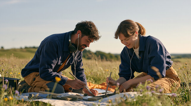 two field archaeologists cleaning excavation brushes in a quiet rural meadow share earbuds from headphones looped around one neck, sediment tools laid across a tarp as their