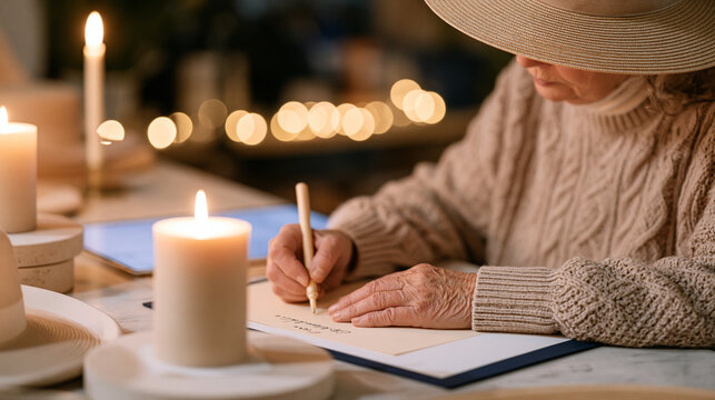 close-up of aged hands labeling hat-block samples by candlelight in a millinery atelier, a sticky note reminder stuck to a nearby screen reminding the craftsperson that a beloved