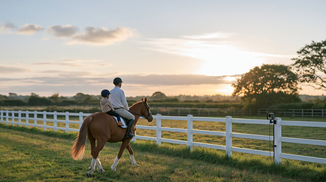 A child on a first horse riding lesson collaborates with an instructor under the first pale industrial dawn light, thermal imaging equipment visible on a fence post monitor as a