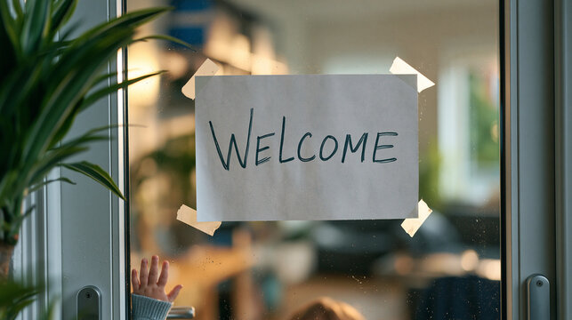 a hand-written welcome sign taped to a rain-soaked typography studio door marks a toddler's first frustrated independent attempt to push it open, the single rain-beaded object