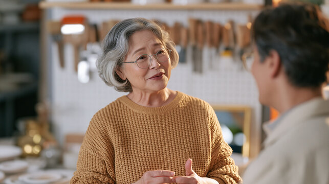 An elderly woman wearing slim smart glasses stands in a candlelit ceramics workshop during a shift handover, a row of etching tools hung neatly on a pegboard behind her, the warm