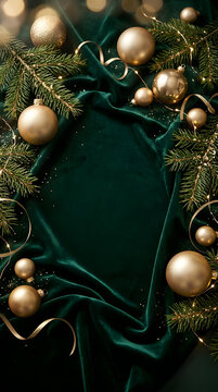 Festive Green Velvet Drape Adorned with Golden Ornaments and Fir Branches, a Luxurious Christmas Scene