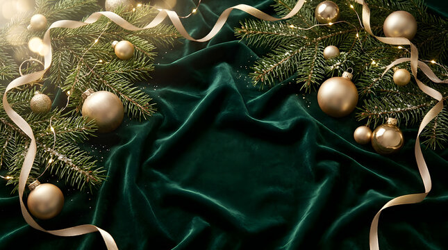 Luxurious Christmas and New Year's Eve celebration golden ornaments on rich green velvet background