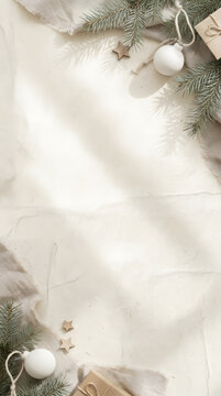 Neutral minimalist Christmas flat lay background with white ornaments pine branches and craft gifts