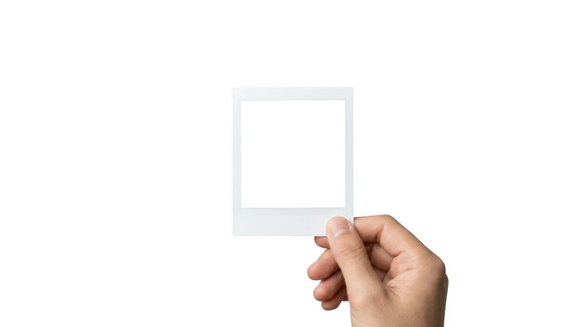 Blank instant photo frame mock up held in human hand, empty paper template for photography display isolated on Transparent Background