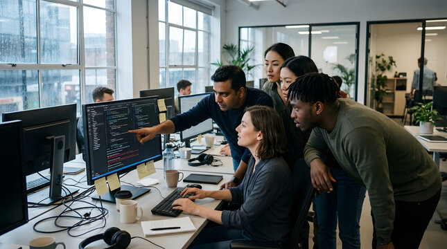 Diverse software developers debugging code together on computer monitors