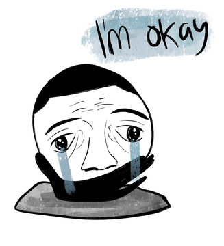 Funny crying man covering mouth with i am okay text illustration funny meme reaction