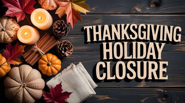 Thanksgiving holiday closure sign with autumn decorations, pumpkins, pinecones, candles, and leaves on a rustic wooden background