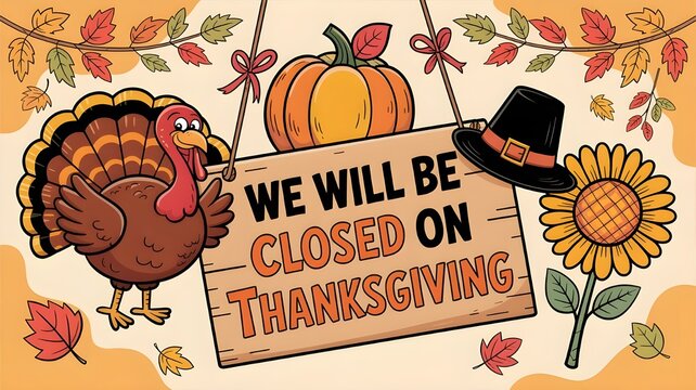 Thanksgiving holiday closure sign with cartoon turkey, pumpkin, pilgrim hat, and sunflower illustration, perfect for retail store notices and seasonal business announcements