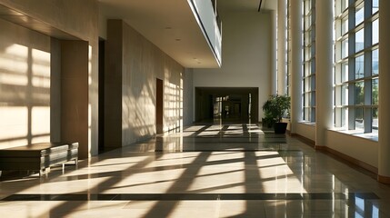 Fototapeta premium Sunlight streams through tall casting long shadows across a polished marble lobby with minimalist architecture and a potted plant