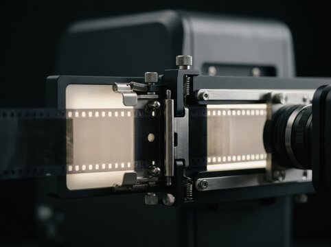 film scanner gate closeup Close-up of vintage film projector with filmstrip loaded for screening