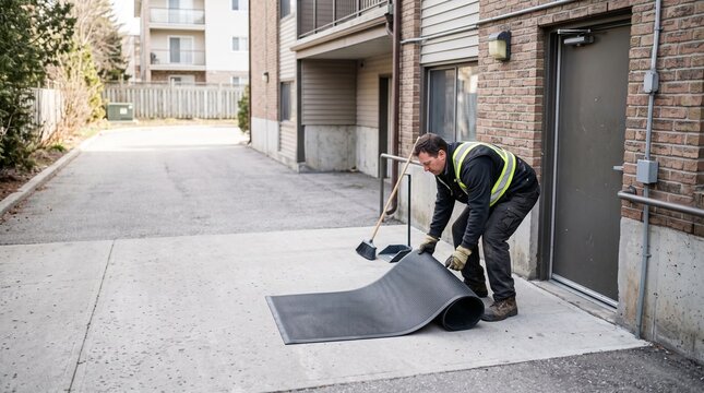 Maintenance worker unrolling a rubber mat outside an apartment building entrance with a broom and dustpan nearby
