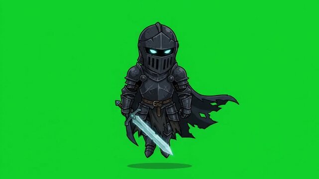 Animated knight character holding sword with black armor and cape standing ready
