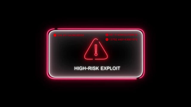 High-risk exploit cyber security warning alert neon digital interface featuring pulsing red warning triangle symbol and rapidly changing data streams for advanced network threat detection systems