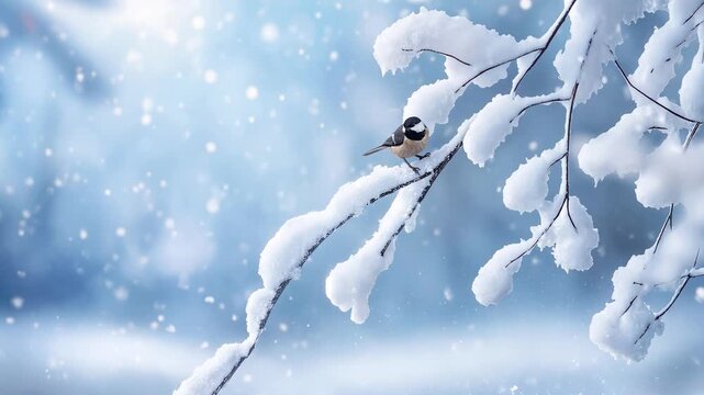 Agile chickadee flutters and hops along a heavy snow-laden birch bough during a tranquil snowfall in winter wilderness