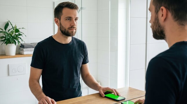 mens health awareness, a young man gazes calmly in a bright bathroom mirror, contemplating health