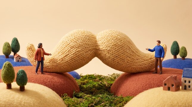 whimsical art concepts, a whimsical knitted moustache bridge unites two figures over a soft landscape