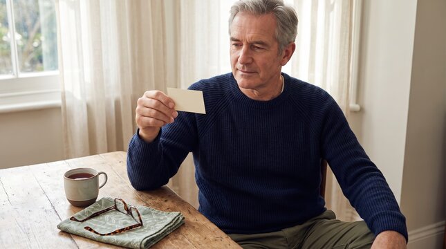 mens health awareness, a mature man sits calmly at home, reflecting on health with tea and a card