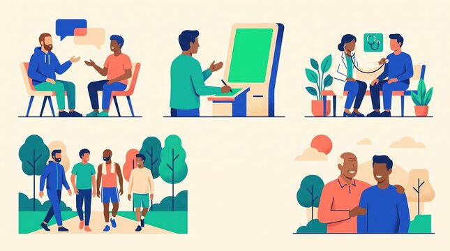 health awareness campaign, diverse men engage in health discussions and supportive interactions, colorful