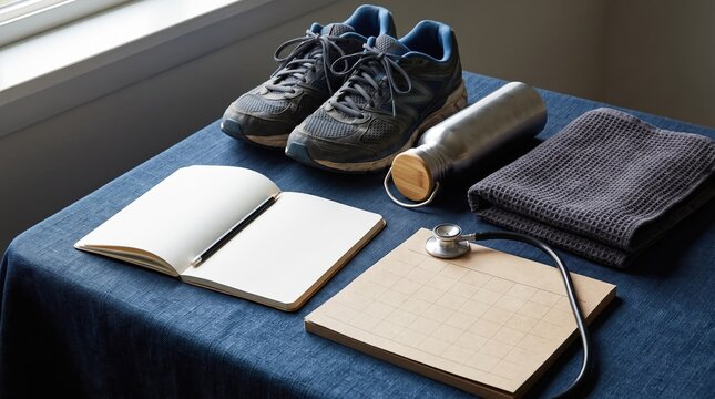 mens health essentials, wellness still life featuring running shoes, a water bottle, and health items