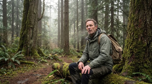nature therapy, a man in a forest, breathing deeply, surrounded by mist and natures calm