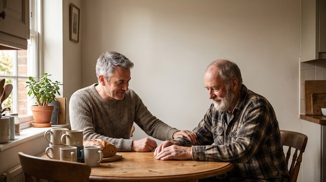 intergenerational dialogue, a father and son engage in a heartfelt conversation at a kitchen table