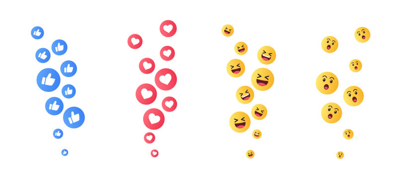 Social media floating live stream reaction emojis. Flying like love haha and wow icons for digital engagement