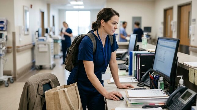 Nurse logging out of a computer at a nursing station before leaving, workstation security, session logout and patient data protection