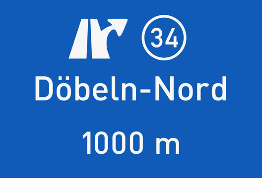 Ausfahrt 34, Doebeln-Nord, Autobahn A14 in Richtung Leipzig als Vektorgrafik.
