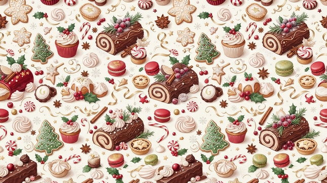 Assortment of festive Christmas desserts including yule logs and cupcakes on a light background.