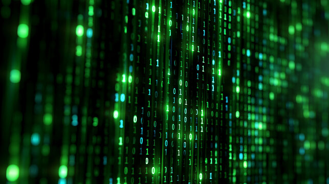 Abstract green digital binary code matrix texture background, technology, computer, cyberspace, internet, data network, programming and coding concept, with copy space