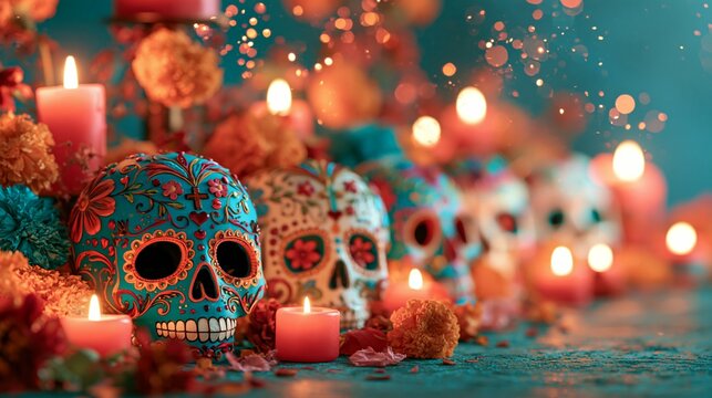 Halloween Holiday Theme. a vibrant and festive depiction of Day of the Dead celebrations. The main subject is a collection of intricately designed sugar skulls.