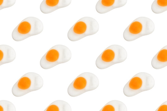 Fried Egg Gummy Candy Seamless Pattern on Transparent Background