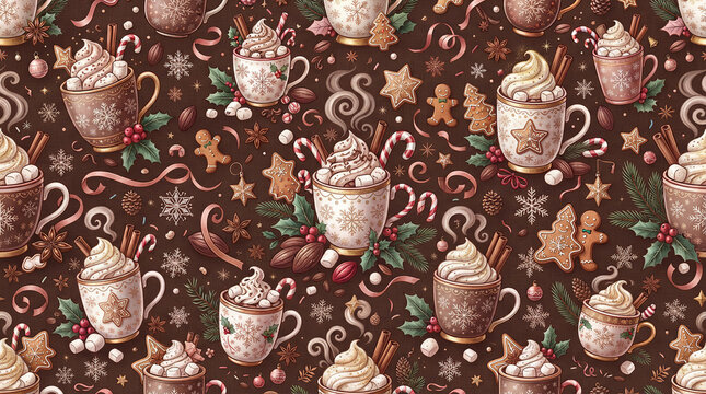 Christmas hot chocolate mug seamless pattern with whipped cream gingerbread cookies and candy canes on brown background.