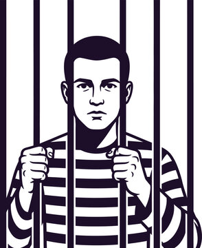 Prisoner standing behind vertical jail bars depicting a captive confined criminal