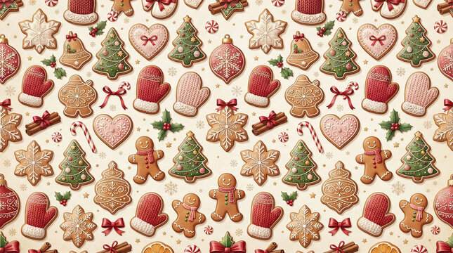 Christmas pattern with gingerbread cookies and mittens for seasonal textile and wrapping paper design.
