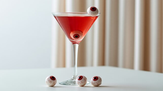 Halloween Holiday Theme. a martini glass filled with a vibrant red liquid. The glass has a slender stem and a wide bowl. At the rim of the glass, two eyeballshaped objects, each with a unique design.